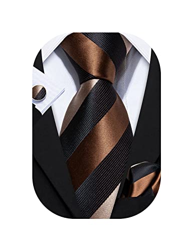 Barry.Wang Tie Sets for Men Silk Stripe Necktie Woven Checkered Handkerchief Cufflinks Formal Business Wedding