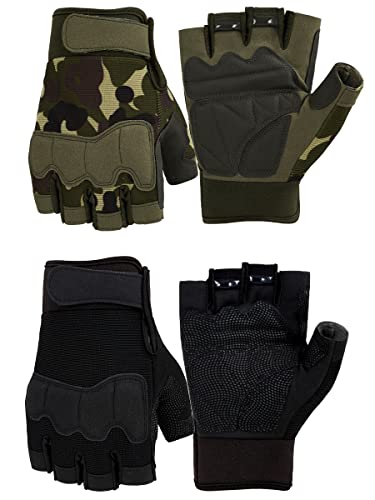 FIORETTO Fingerless Gloves for Airsoft Shooting Half Finger Hunting Hiking Cycling Driving Motorcycle Climbing Work Gloves 2 Pairs(Black+Green Camo) Large