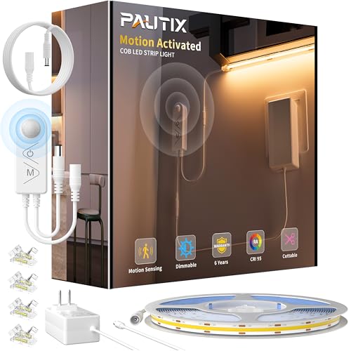 PAUTIX COB LED Strip Lights 2700K Warm White Motion Sensor LED Lights Dimmable 24V Motion Activated LED Strip Light 20ft Super Bright with Dual Lighting Mode for Under Cabinet Kitchen Stairs Bedroom