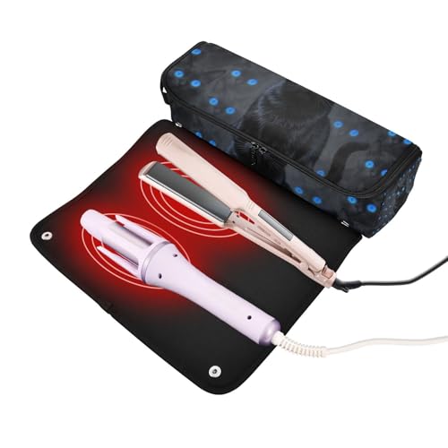 Estuche de viaje 2 en 1 para plancha rizadora con almohadilla resistente al calor y espacio para plancha alisadora y secador de cabello, negro con ojos de gato azul miniatura 2