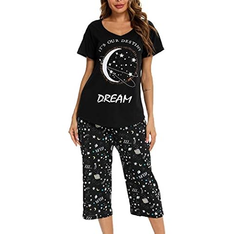 MIA LUCCE Women's Sleepwear -Cute Print Cotton Tops with Capri Pants Pajama Sets - Black - 3XL Cover