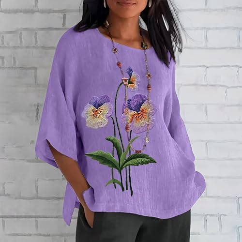 Blusas femininas de linho Alzheimers manga 3/4 camisetas estampadas florais roxas casuais soltas ver