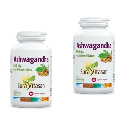 Sura Vitasan Ashwagandha - Pack Ahorro 2 x 30 Cápsulas Vegetales 500mg - Extracto de Raíz con 5% Witanólidos - Adaptógeno Natural para Equilibrio Mental y Resistencia al Estrés