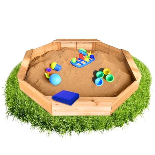 Coemo 8-eckiger Sandkasten Larry L Holz Braun inkl Blaue Abdeckplane,...