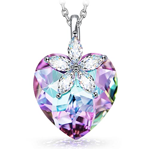 NINASUN Bloom Love Crystal Necklaces for Women Heart Pendant Sterling Silver Jewelry Birthday Gifts for Her Mom Mother Daughter Wife Girls Christmas Mothers Valentines Day Anniversary Purple