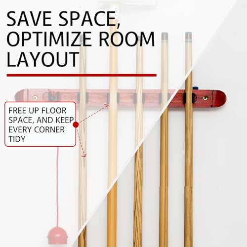 spaclatio 6-Piece Wall-Mounted Wooden Pool Cue Rack, Hardwood Billiard Stick Holder for 6 Cues, Billiard Table Accessories, Pool Cue Holder Perfect for Organized Cue Storage