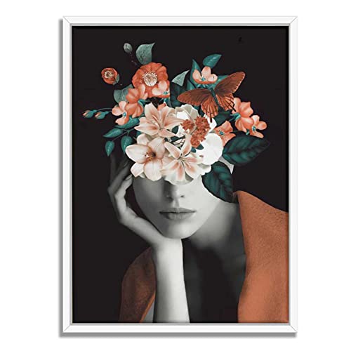Image of PAINTINGMANTRA Masala Brown Girl & Flower Bouquet White Framed Canvas Print for Wall, Home and Living Room Decoration (Size - 23 x 17 Inchs)
