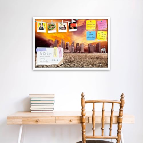 Image of ArtzFolio City Overlooking Desolate Desert | Bulletin Board Notice Pin Board | Vision Soft Board Combo with Thumb Push Pins & Sticky Notes | White Frame | 36 x 24 inch (91 x 61 cms)