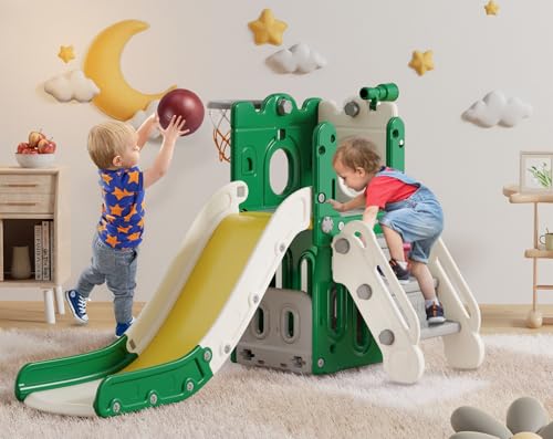 BIERUM 7 in 1 Toddler Slide, L-Shaped Kids Slide for Toddlers Age 1+ with Basketball Hoop and Ball, Ring Toss, Storage Space, Outdoor Indoor Slide Playset Toddler Playground Easy Assembly Green Yellow