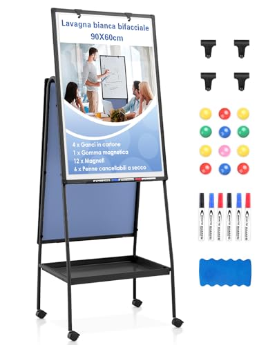 MAKELLO Lavagna Magnetica a Doppia Faccia Mobile con 4 Rotelle - Lavagna a Fogli Mobili, Struttura in Alluminio Nero Regolabile in Altezza, Stabile per Ufficio/Aula/Home Office