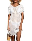 UMIPUBO Vestido Playa Mujer Tejidos Crochet Cuello Redondo Bikini Cover Up Sexy Ropa Playa Verano Camisolas y Pareos(Blanco,L)