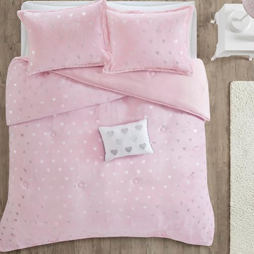 Image of Intelligent Design Queen Comforter Set, 4 Piece Metallic Hearts Cozy Bedroom Set for Girls, Queen Bed Set Soft & Plush Comforter, All Season Fluffy Bedding Set, Rosalie, Full /Queen, Pink Silver