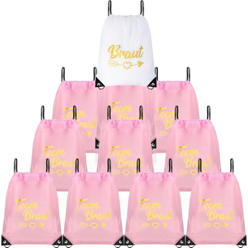 11 Stück Junggesellenabschied Frauen Team Bride Turnbeutel mit Kordelzug JGA Frauen Turnbeutel Damen Team Bride Rucksack Set Braut Tasche Team Braut für Verlobung JGA Hochzeit Rosa Weiß