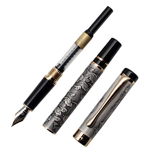 Zoohot Ancient Silver Jinhao Dragon Fountain Pen Fine Nib Executive Fountain Pens Set, Vintage Pens Collection, Business Pen, Ink Refill Converter #TOP4