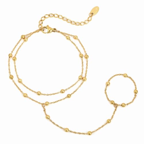 MPRAINBOW Gold Bracelets Jewelry for Women - 18K Gold Plated Hand Chain Ring Bracelet,Adjustable Dainty Chains Stainless Steel Non Tarnish Summer Trendy Gift,Christmas Birthday for Her Girlfriend