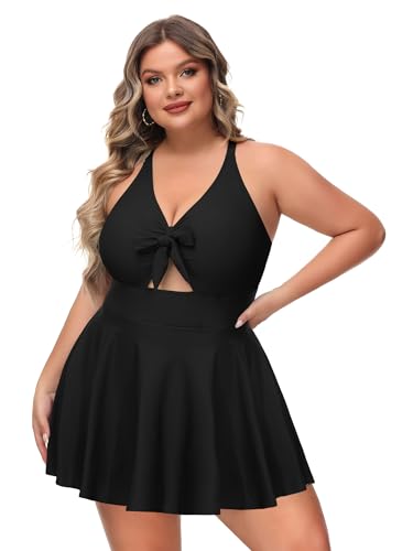 NIeyook Womens Plus Size One Piece Swimsuit with Skirt V Neck Cutout Flowy Swim Dress Tummy Control Bathing Suit3