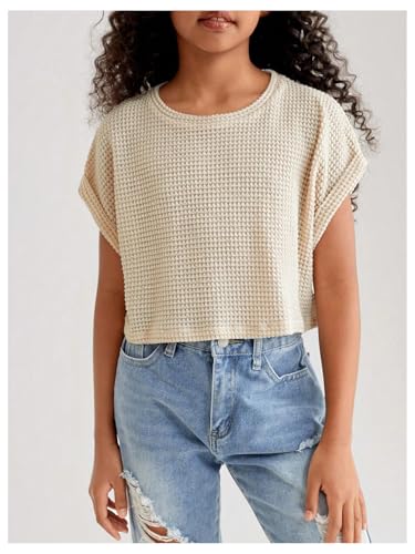 Image of SweatyRocks Girl's Waffle Knit T Shirts Short Sleeve Crew Neck Loose Fit Solid Casual Crop Tops Beige 10Y