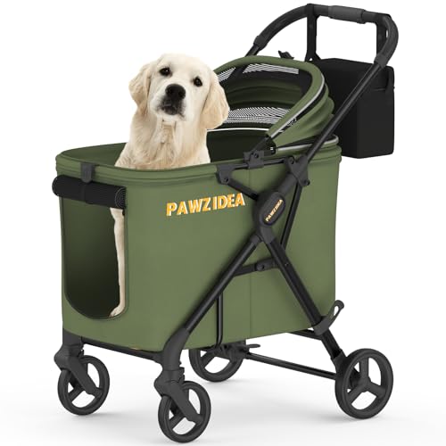 Image of PAWZIDEA Dog Stroller for Large Dogs Up to 80 lbs, No-Zip 180 Reversible Canopy, One-Hand Foldable Pet Stroller for 2 Medium Dogs, Heavy Duty & Low-Entry, All-Terrain Jogger Wheels, Storage Organizer
