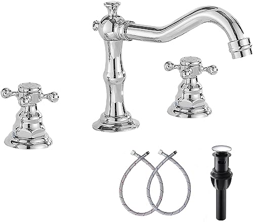 GGStudy Two Handles Three Holes Faucet 8-16 inch Widespread Bathroom Sink Faucet Chrome Basin Mixer Tap Matching Metal Pop Up Drain with Overflow