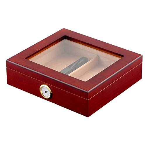 Luxury Cigar Humidor, Handmade Wood Cigar Humidor Box with Hygrometer and Humidifier Glass Top Holds 20-25 Cigars (Brown)
