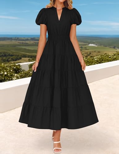 ZESICA Women's Summer Casual Maxi Dress 2025 Puff Short Sleeve V Neck Ruffle Tiered Flowy Boho Beach Dresses2