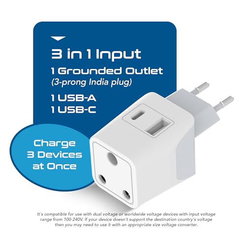 Image of Ceptics Travel Adapter India to Europe, 3 in 1 Plug Adapter for Germany, France With 1 USB, 1 USB-C, Type C for Laptops, Phones, CE - RoHS, White 1pc