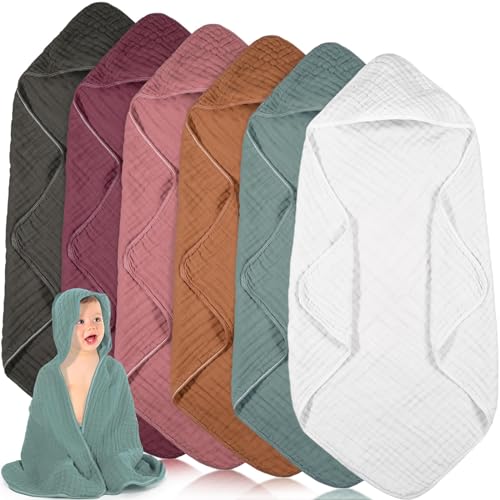 Image of Peryiter 6 Pcs Muslin Hooded Baby Towels, 32"x 32" Cotton Newborn Bath Towel Muslin Infant Baby Blankets Absorbent Unisex Newborn Registry Gift Essentials for Girls Boys(Red)