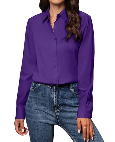 Gleeivy Button Down Shirts for Women Long Sleeve Dress Shirts Classic Fit Solid Cotton Women Dress Shirts Work Office Purple M