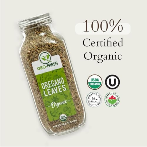 Geo-Fresh Organic Oregano Seasoning, 60g Glass Jar - Oregano Herbs & Oregano Seasonings for Pizza, Pasta, Soup - USDA Organic, Non-GMO, Jaivik Bharat Certified, Halal