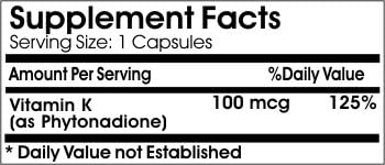 Natural Vitamin K-1 Phytonadione 100mcg ~ 200 Capsules - No Additives ~ Naturetition Supplements