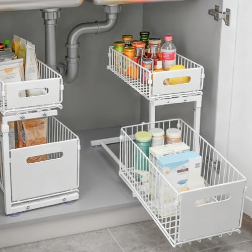 YOKELLMUX シンク下 収納 引き出し 2段 キッチン下収納 シンク下収納ラック スライド式 キッチンした/シンクした/洗面台下/流し台下/コンロ下 スライドラック 高さ調節可能 組立簡単 大容量 省スペース ホワイト 1個入り