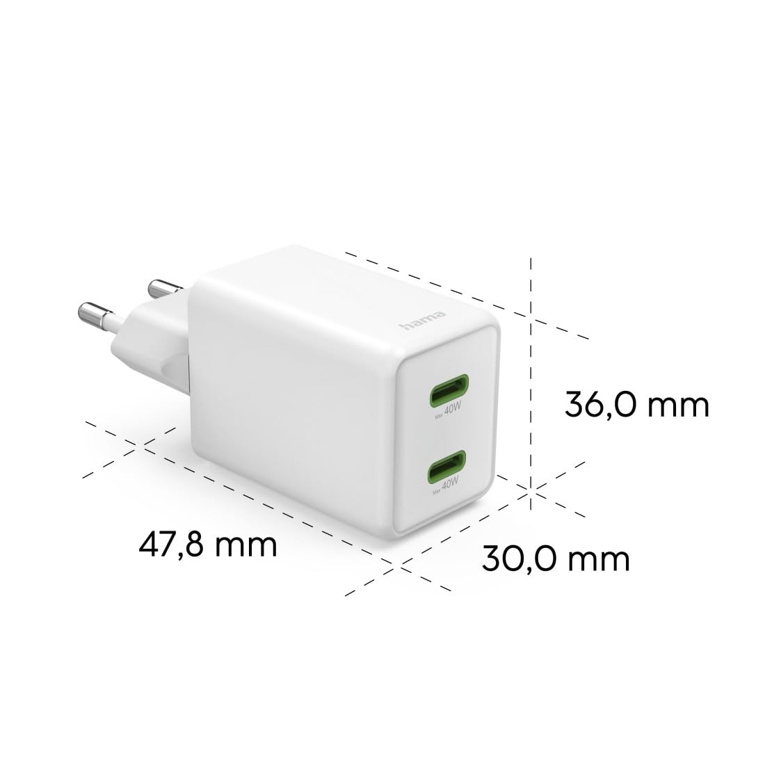 Hama Schnellladegerät, 40W (Ladegerät mit 2X USB C, unterstützt Power Delivery und Qualcomm Quick Charge, Zwei Geräte gleichzeitig Laden, superklein und kompakt, GaN Charger, akkuschonend) weiß