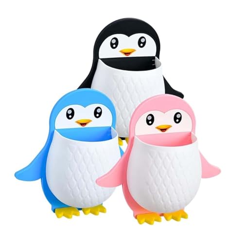 Image of Plastic Penguin Shape Wall-Mounted Toothbrush Holder, Self-Adhesive Plastic Bathroom Organizer, Multipurpose Storage Shelf for Kids & Adults (Multicolor Pack 1)