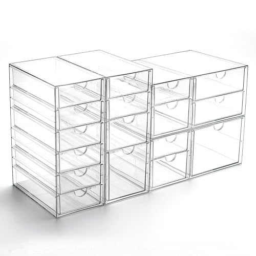 Image of Prsildan 17 Drawers Teacher Toolbox Office Supply Organizer, Set of 4 | Clear Acrylic, Pull Out, Craft Desk Art Supply Accessories Vanity Countertop Bathroom Kitchen Cabinet Makeup Storage