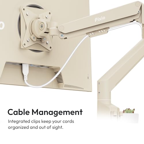 Image of Pixio PS1S Wave Beige Single Monitor Arm Stand Desk Mount - Fits up to 32 inches Monitors and up to 19.8lbs. VESA Compatibility and Integrated Cable Management