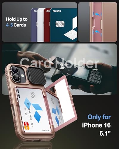Image of for iPhone 16 Case with Card Holder & Camera Lens Cover & Stand, Military Grade Drop Protection Shockproof Rugged Kickstand Wallet Protective Phone Case Cover for iPhone 16 6.1 inch 2024, Rose Gold