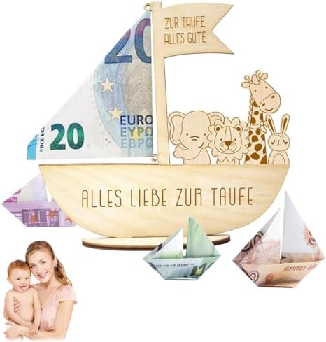 Taufgeschenk Holz-Boot Mit Sockel In Blau – Geldgeschenk & Erinnerungsstück Für Jungen Und Mädchen