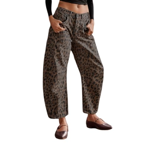 Women's Mid-Rise Barrel Jeans Vintage Leopard Printed Baggy Cropped Wide-Leg Denim Ankle Pants Boyfriend Jeans