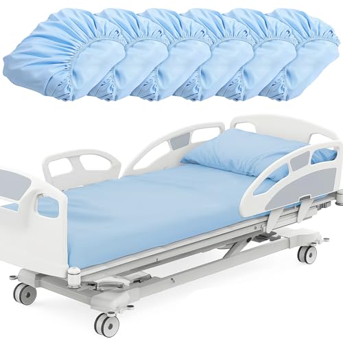 Paquete de 6 sábanas bajeras de hospital, sábanas de hospital de 36 x 84 x 14 pulgadas, sábana bajera suave azul con elástico en todo el contorno, sábana individual estándar para hospital, hogar, mesa