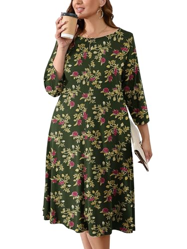 Image of AusLook Women's Plus Midi Dresses Crew Neck A Line 3 /4 Sleeves Casual Elegant Loose Wedding Vacation Dress with Pockets