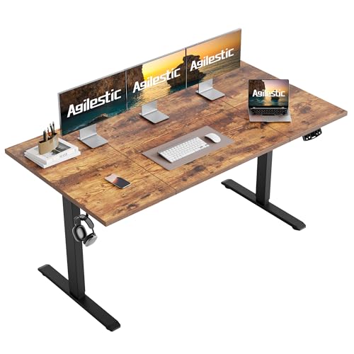 Image of Agilestic Electric Standing Desk, 63 x 23.6 Inches Height Adjustable Desk, Sit Stand up Desk for Work Office Home, Splice Board, Rustic Brown