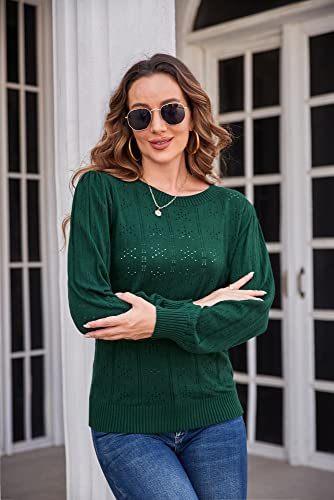 GRACE KARIN Women's Long Lantern Sleeve Crew Neck Crochet Top Hollow Out Fall Pullover Sweater3