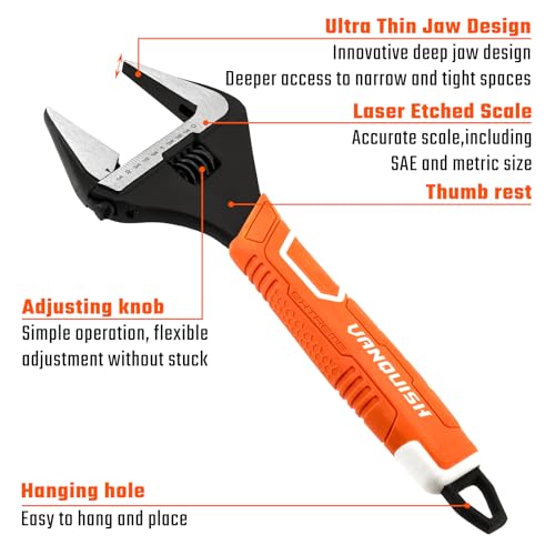 Vanquish 12 Inch Adjustable Wrench, 2-3/8” Wide Jaw Opening Plumbing Wrench, CR-V Steel, SAE and Metric Scale Marked - Image 3