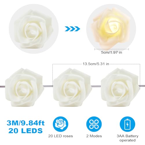 OSDUE Rose Fairy String Lights, 20 PCS LED Rose Fairy Light Battery Powered Bedroom Lights for Valentine's Day Wedding Outdoor Girls Bedroom Mother's Day Birthday Party Decorations,White - Cosy Home Interiors OSDUE Rose Fairy String Lights, 20 PCS LED Rose Fairy Light Battery Powered Bedroom Lights for Valentine's Day Wedding Outdoor Girls Bedroom Mother's Day Birthday Party Decorations,White - Image 2