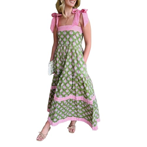 Image of Women Y2k Boho Maxi Dress Tie Shoulder Backless Strappy Tiered Flowy Dress 2024 Summer Floral Beach Sundress