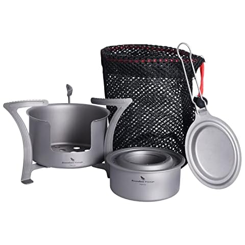 iBasingo Mini Titan Alkoholkocher Spirituskocher Alkohol Heizung Camping Holzbrenner mit Ständer Outdoor Wandern Herd Backpacking Ofen Touristen Kocher Survival Trekking Wanderzubehör Ti2013C Cover