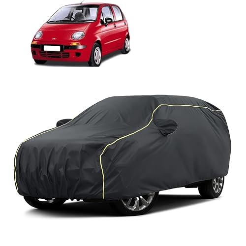 Image of Sulfar 100% Water Resistant Car Body Cover Compatible with Mirror for Daewoo Matiz (Triple Stitched, Full Bottom Elastic, Dark Grey Taffeta with Yellow Piping)