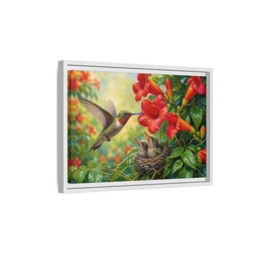 Impression colibri sur toile premium avec cadre blanc de 3 cm