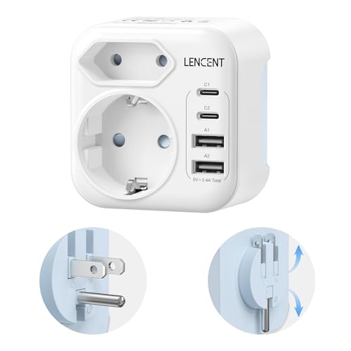 LENCENT Adaptador Enchufe USA, Cargador Americano Viaje con 2 USB-C y 2 USB-A, Adaptador Europa Portugal a EE.UU. Compacto Plegable México, Canadá, Tailandia, Perú, Colombia, Tipo B