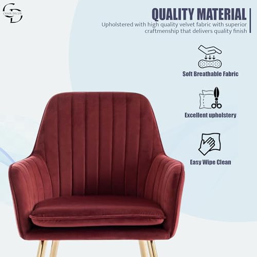 Image of Velvet Accent Chair with Matching Pouffe & Floral Cushion | Modern Upholstered Armchair with Gold Metal Legs | Lounge Chair for Living Room, Bedroom, Office, Guest Room (Red)